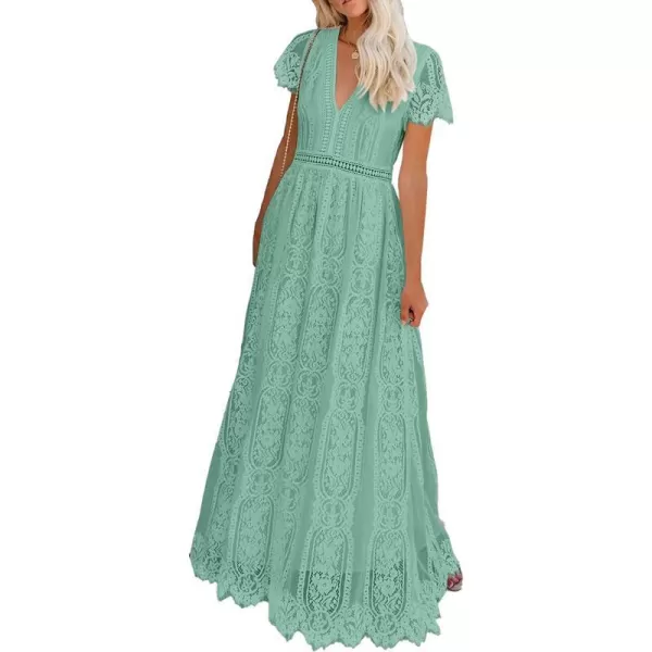 imagePRETTYGARDEN Womens Floral Lace Maxi Dress 2023 Short Sleeve V Neck Bridesmaid Wedding Evening Party DressesLight Green