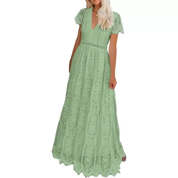 imagePRETTYGARDEN Womens Floral Lace Maxi Dress 2023 Short Sleeve V Neck Bridesmaid Wedding Evening Party DressesMint Green