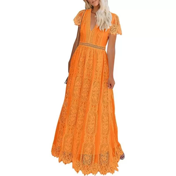 imagePRETTYGARDEN Womens Floral Lace Maxi Dress 2023 Short Sleeve V Neck Bridesmaid Wedding Evening Party DressesOrange