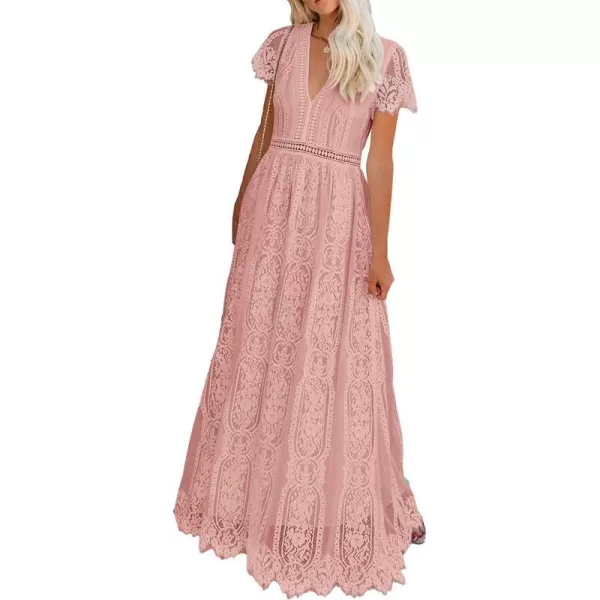 imagePRETTYGARDEN Womens Floral Lace Maxi Dress 2023 Short Sleeve V Neck Bridesmaid Wedding Evening Party DressesPink