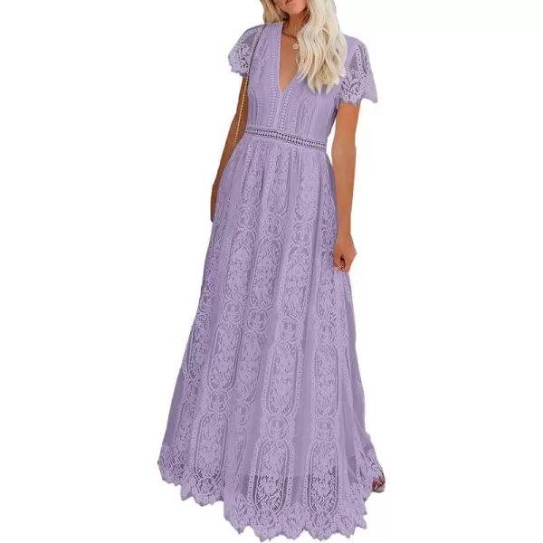 imagePRETTYGARDEN Womens Floral Lace Maxi Dress 2023 Short Sleeve V Neck Bridesmaid Wedding Evening Party DressesPurple
