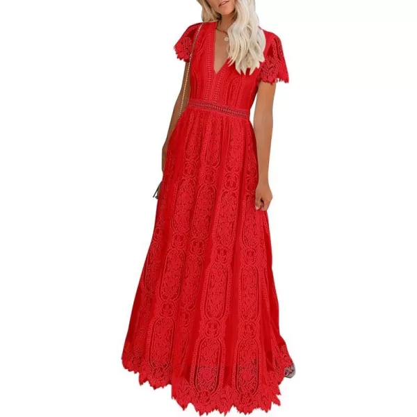 imagePRETTYGARDEN Womens Floral Lace Maxi Dress 2023 Short Sleeve V Neck Bridesmaid Wedding Evening Party DressesRed