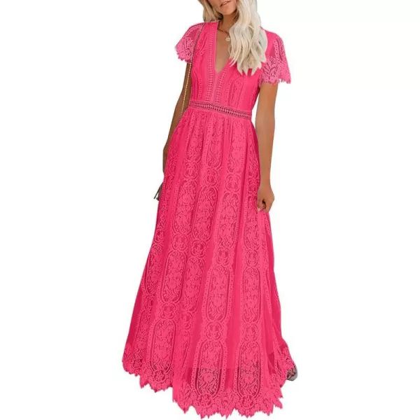 imagePRETTYGARDEN Womens Floral Lace Maxi Dress 2023 Short Sleeve V Neck Bridesmaid Wedding Evening Party DressesWatermelon Red