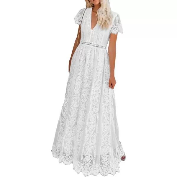 imagePRETTYGARDEN Womens Floral Lace Maxi Dress 2023 Short Sleeve V Neck Bridesmaid Wedding Evening Party DressesWhite