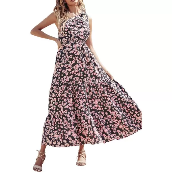 imagePRETTYGARDEN Womens Floral Maxi Dress 2023 Knot One Shoulder Sleeveless Ruffle Hem Flowy Boho DressesBlack Pink
