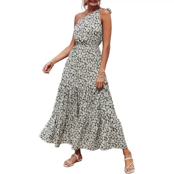 imagePRETTYGARDEN Womens Floral Maxi Dress 2023 Knot One Shoulder Sleeveless Ruffle Hem Flowy Boho DressesBlack White