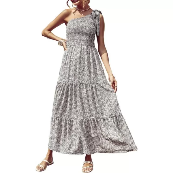 imagePRETTYGARDEN Womens Floral Maxi Dress 2023 Knot One Shoulder Sleeveless Ruffle Hem Flowy Boho DressesBlack White Floral
