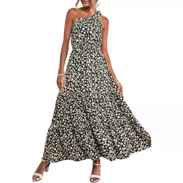 imagePRETTYGARDEN Womens Floral Maxi Dress 2023 Knot One Shoulder Sleeveless Ruffle Hem Flowy Boho DressesBlackWhiteYellow
