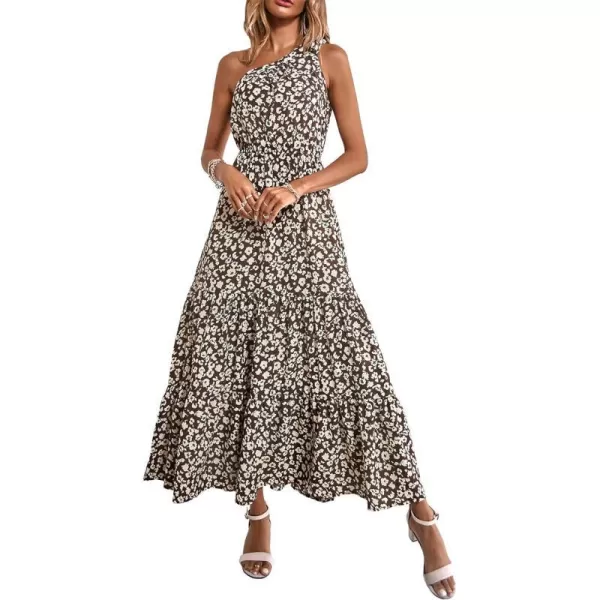 imagePRETTYGARDEN Womens Floral Maxi Dress 2023 Knot One Shoulder Sleeveless Ruffle Hem Flowy Boho DressesCoffee