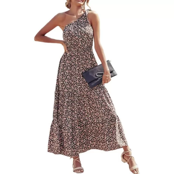imagePRETTYGARDEN Womens Floral Maxi Dress 2023 Knot One Shoulder Sleeveless Ruffle Hem Flowy Boho DressesCoffee Pink