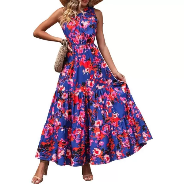 imagePRETTYGARDEN Womens Floral Maxi Dress 2023 Knot One Shoulder Sleeveless Ruffle Hem Flowy Boho DressesDark Blue Orange Floral
