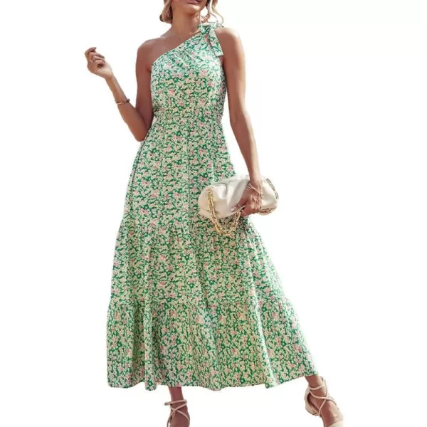imagePRETTYGARDEN Womens Floral Maxi Dress 2023 Knot One Shoulder Sleeveless Ruffle Hem Flowy Boho DressesGreen White