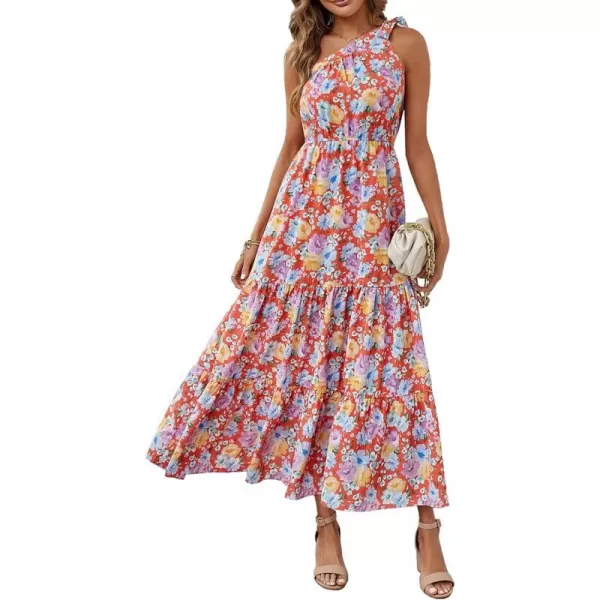 imagePRETTYGARDEN Womens Floral Maxi Dress 2023 Knot One Shoulder Sleeveless Ruffle Hem Flowy Boho DressesOrange Floral