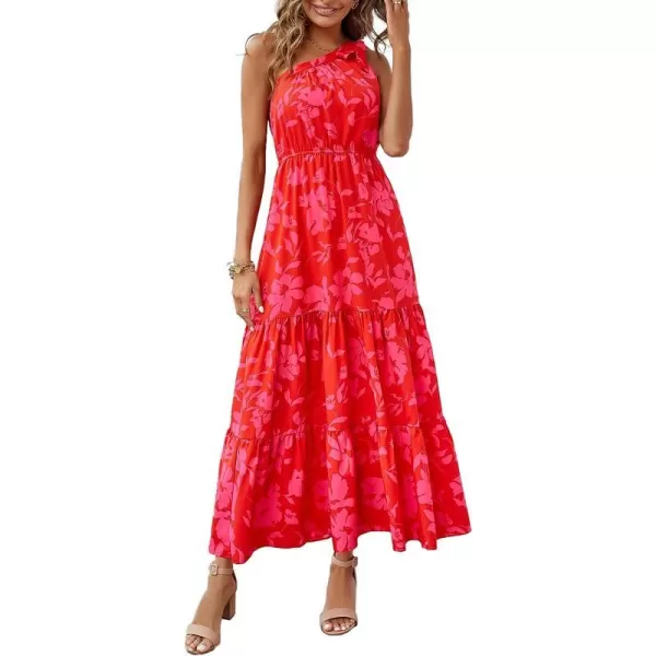imagePRETTYGARDEN Womens Floral Maxi Dress 2023 Knot One Shoulder Sleeveless Ruffle Hem Flowy Boho DressesRed Floral