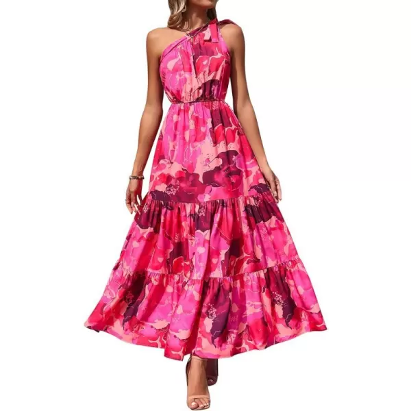 imagePRETTYGARDEN Womens Floral Maxi Dress 2023 Knot One Shoulder Sleeveless Ruffle Hem Flowy Boho DressesRose Red Big Floral