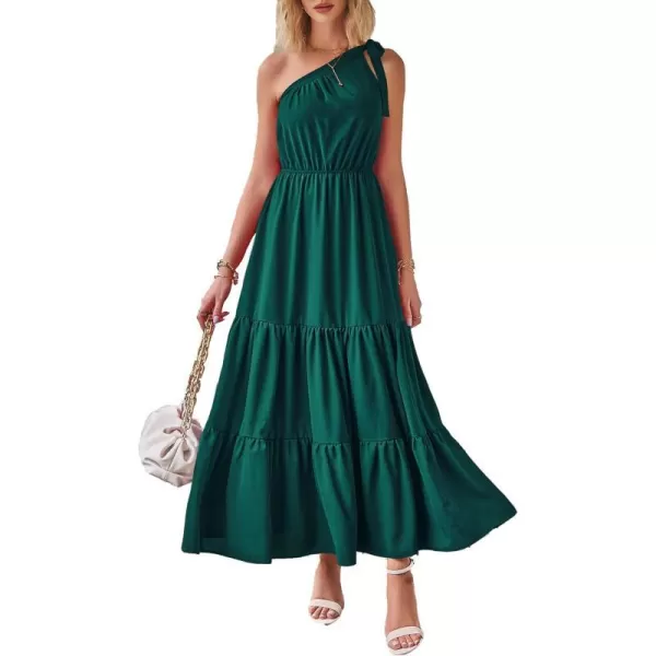 imagePRETTYGARDEN Womens Floral Maxi Dress 2023 Knot One Shoulder Sleeveless Ruffle Hem Flowy Boho DressesSolid Dark Green