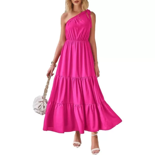 imagePRETTYGARDEN Womens Floral Maxi Dress 2023 Knot One Shoulder Sleeveless Ruffle Hem Flowy Boho DressesSolid Rose Red