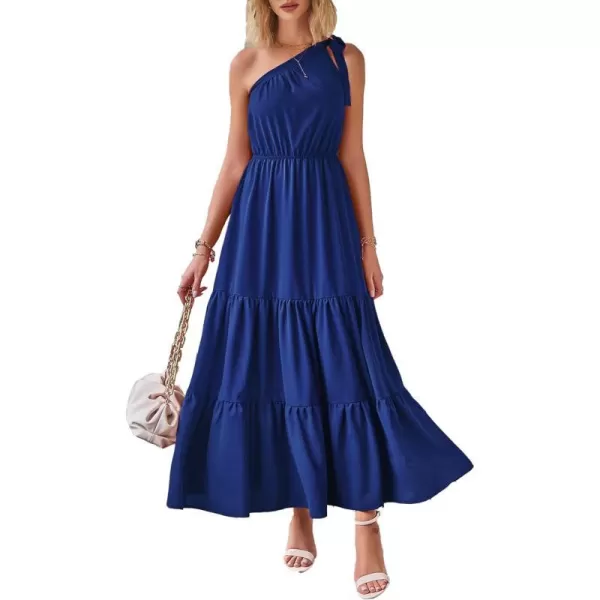 imagePRETTYGARDEN Womens Floral Maxi Dress 2023 Knot One Shoulder Sleeveless Ruffle Hem Flowy Boho DressesSolid Royal Blue