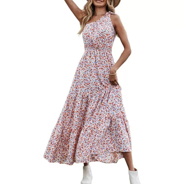 imagePRETTYGARDEN Womens Floral Maxi Dress 2023 Knot One Shoulder Sleeveless Ruffle Hem Flowy Boho DressesWhite Red