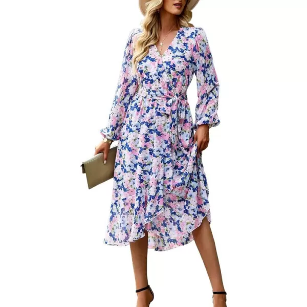 imagePRETTYGARDEN Womens Floral Print Boho Dress Long Sleeve Wrap V Neck Ruffle Belted ALine Flowy Maxi DressesFloral Apricot