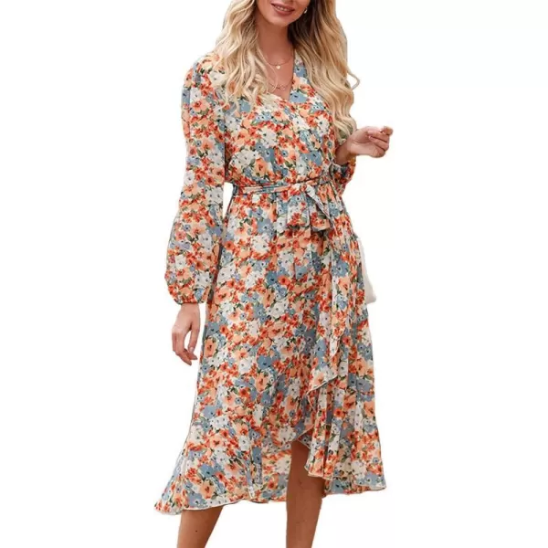 imagePRETTYGARDEN Womens Floral Print Boho Dress Long Sleeve Wrap V Neck Ruffle Belted ALine Flowy Maxi DressesFloral Yellow
