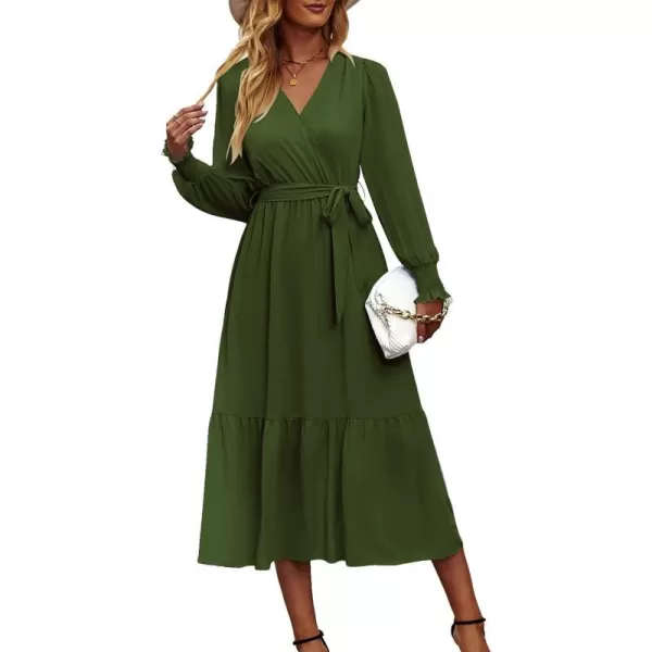imagePRETTYGARDEN Womens Floral Print Boho Dress Long Sleeve Wrap V Neck Ruffle Belted ALine Flowy Maxi DressesSolid Army Green