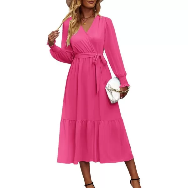 imagePRETTYGARDEN Womens Floral Print Boho Dress Long Sleeve Wrap V Neck Ruffle Belted ALine Flowy Maxi DressesSolid Rose Red