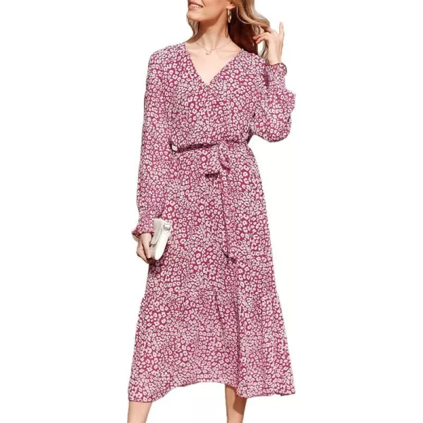 imagePRETTYGARDEN Womens Floral Print Boho Dress Long Sleeve Wrap V Neck Ruffle Belted ALine Flowy Maxi DressesWine Red