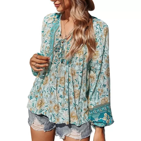 imagePRETTYGARDEN Womens Floral Ruffled Tunic Blouse Tie V Neck Casual Long Sleeve Babydoll Peplum Tops01blue
