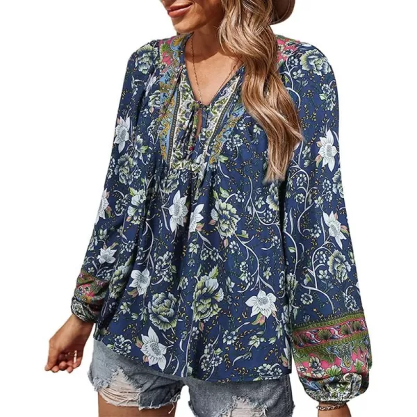 imagePRETTYGARDEN Womens Floral Ruffled Tunic Blouse Tie V Neck Casual Long Sleeve Babydoll Peplum Tops01navy