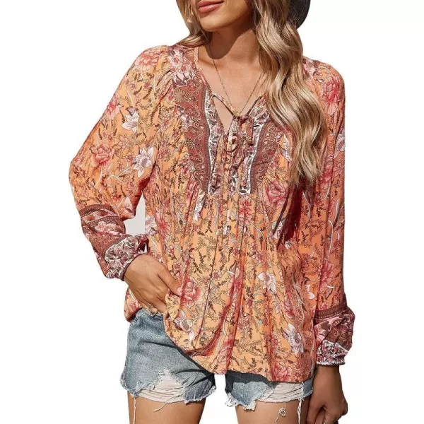 imagePRETTYGARDEN Womens Floral Ruffled Tunic Blouse Tie V Neck Casual Long Sleeve Babydoll Peplum Tops01orange
