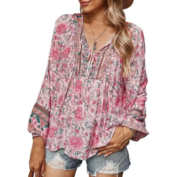 imagePRETTYGARDEN Womens Floral Ruffled Tunic Blouse Tie V Neck Casual Long Sleeve Babydoll Peplum Tops01pink