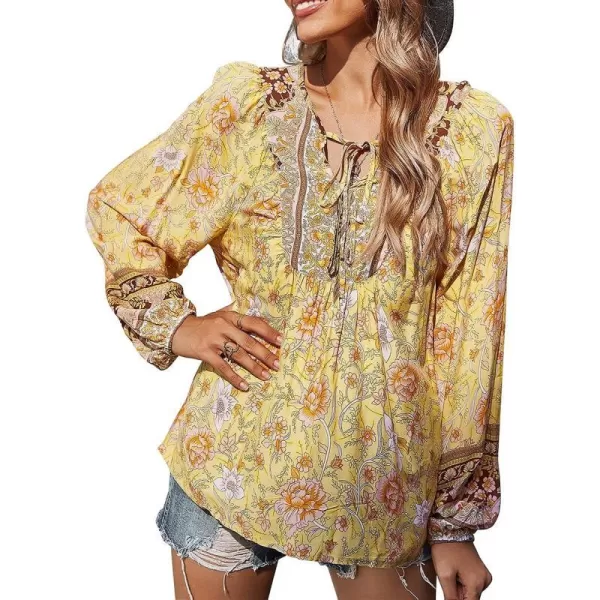imagePRETTYGARDEN Womens Floral Ruffled Tunic Blouse Tie V Neck Casual Long Sleeve Babydoll Peplum Tops01yellow