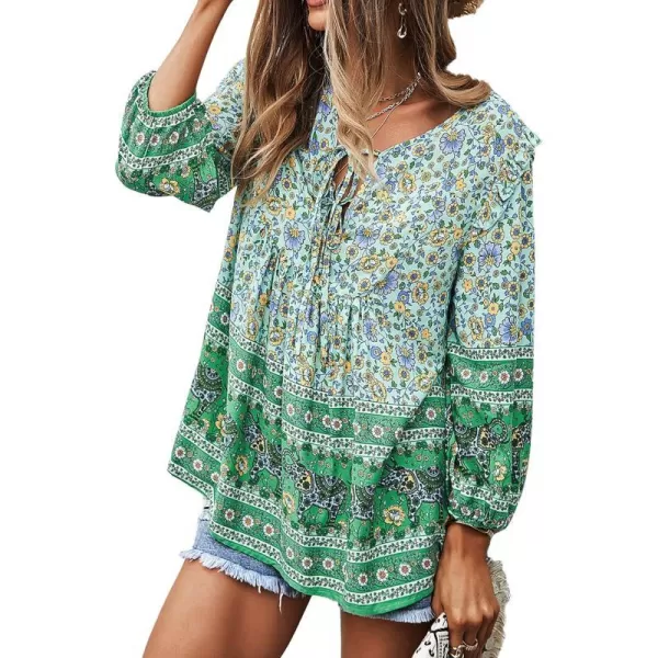 imagePRETTYGARDEN Womens Floral Ruffled Tunic Blouse Tie V Neck Casual Long Sleeve Babydoll Peplum Tops02green