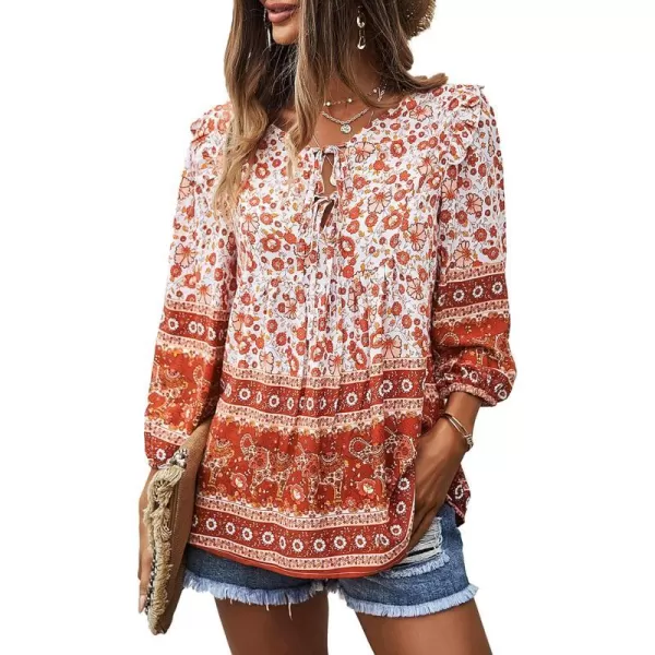 imagePRETTYGARDEN Womens Floral Ruffled Tunic Blouse Tie V Neck Casual Long Sleeve Babydoll Peplum Tops02red