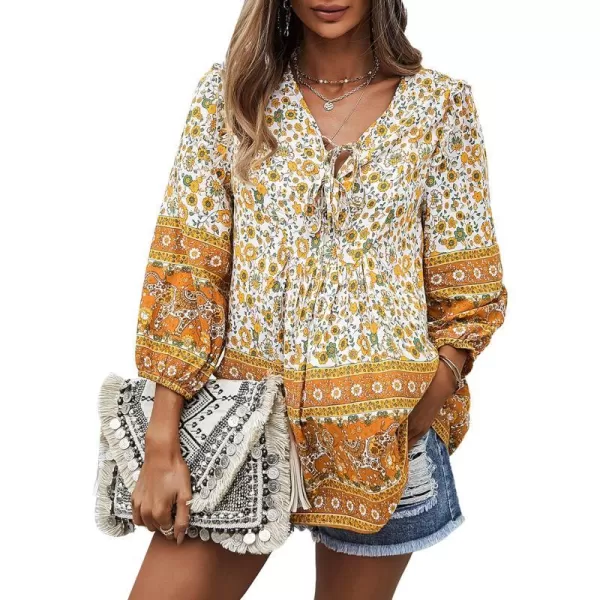 imagePRETTYGARDEN Womens Floral Ruffled Tunic Blouse Tie V Neck Casual Long Sleeve Babydoll Peplum Tops02yellow