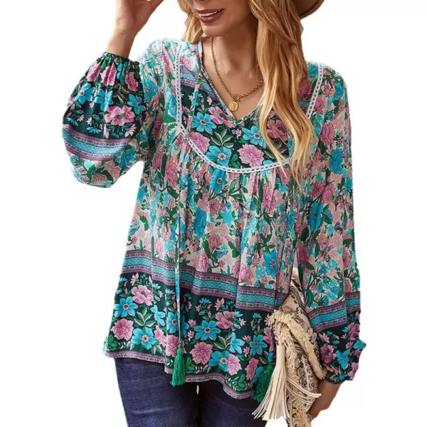 imagePRETTYGARDEN Womens Floral Ruffled Tunic Blouse Tie V Neck Casual Long Sleeve Babydoll Peplum Tops03green