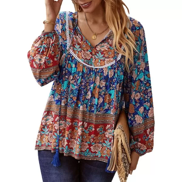 imagePRETTYGARDEN Womens Floral Ruffled Tunic Blouse Tie V Neck Casual Long Sleeve Babydoll Peplum Tops03navy