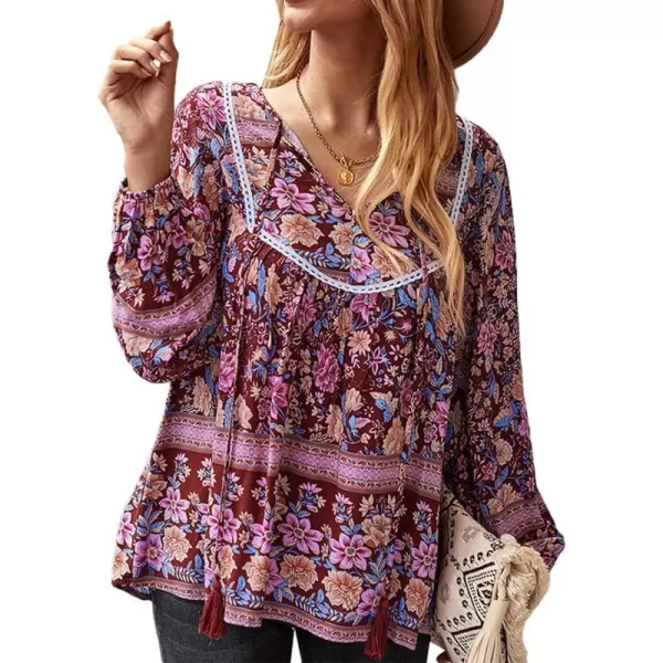 imagePRETTYGARDEN Womens Floral Ruffled Tunic Blouse Tie V Neck Casual Long Sleeve Babydoll Peplum Tops03wine Red