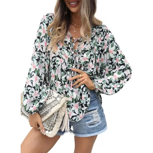 imagePRETTYGARDEN Womens Floral Ruffled Tunic Blouse Tie V Neck Casual Long Sleeve Babydoll Peplum TopsBlack