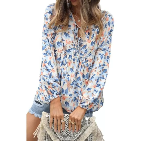 imagePRETTYGARDEN Womens Floral Ruffled Tunic Blouse Tie V Neck Casual Long Sleeve Babydoll Peplum TopsBlue