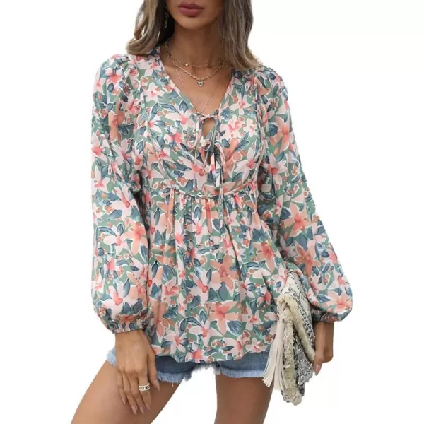 imagePRETTYGARDEN Womens Floral Ruffled Tunic Blouse Tie V Neck Casual Long Sleeve Babydoll Peplum TopsGreen