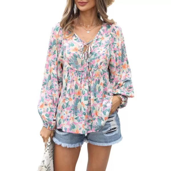 imagePRETTYGARDEN Womens Floral Ruffled Tunic Blouse Tie V Neck Casual Long Sleeve Babydoll Peplum TopsPink
