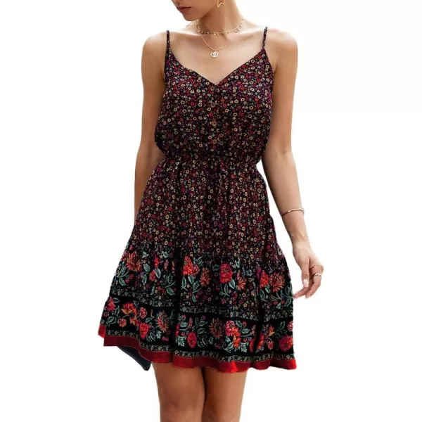 imagePRETTYGARDEN Womens Floral V Neck Spaghetti Strap Button Down Sundress Swing Ruffle Summer Mini Short DressBlack