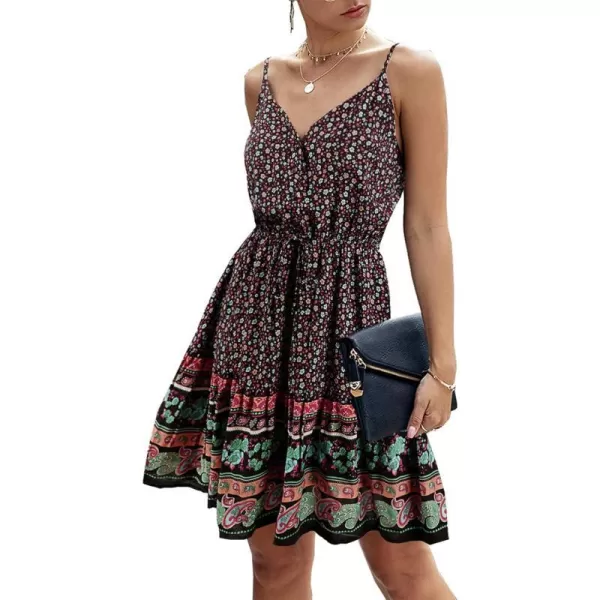 imagePRETTYGARDEN Womens Floral V Neck Spaghetti Strap Button Down Sundress Swing Ruffle Summer Mini Short DressRblack