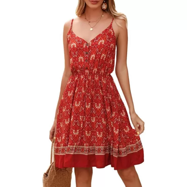 imagePRETTYGARDEN Womens Floral V Neck Spaghetti Strap Button Down Sundress Swing Ruffle Summer Mini Short DressRed