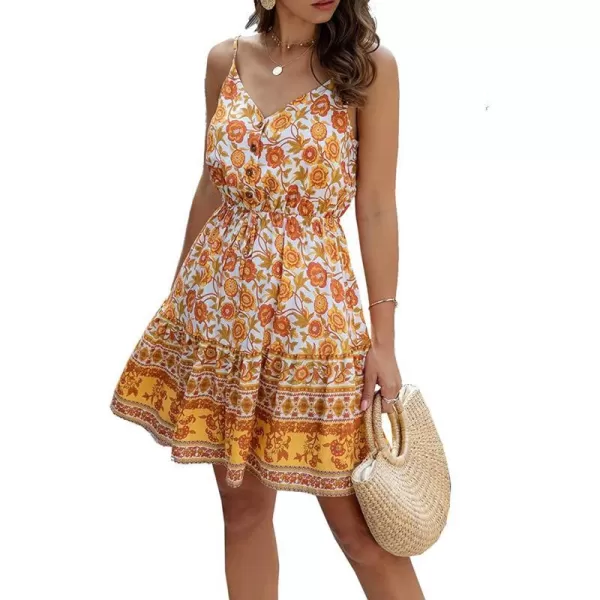 imagePRETTYGARDEN Womens Floral V Neck Spaghetti Strap Button Down Sundress Swing Ruffle Summer Mini Short DressYyellow
