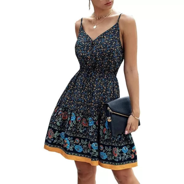 imagePRETTYGARDEN Womens Floral V Neck Spaghetti Strap Button Down Sundress Swing Ruffle Summer Mini Short DressZnavy