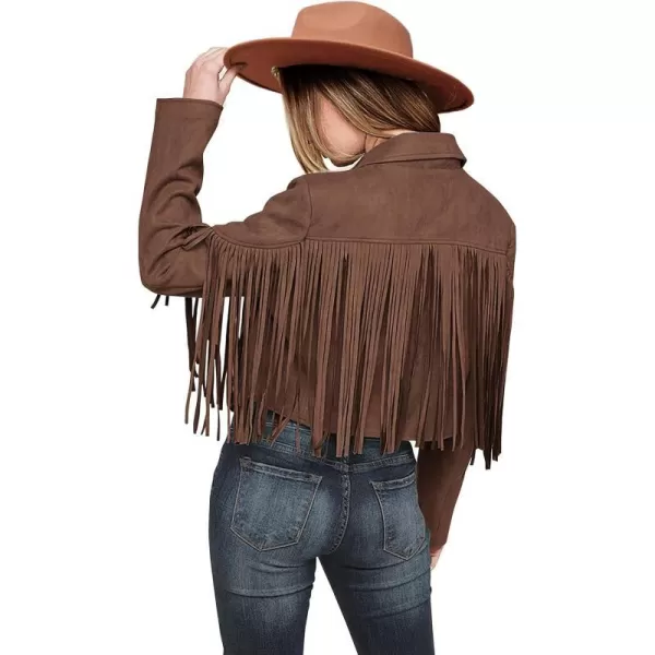 imagePRETTYGARDEN Womens Fringe Faux Suede Leather Jackets 2023 Fashion Tassel Motorcycle Cropped CoatsCoffee