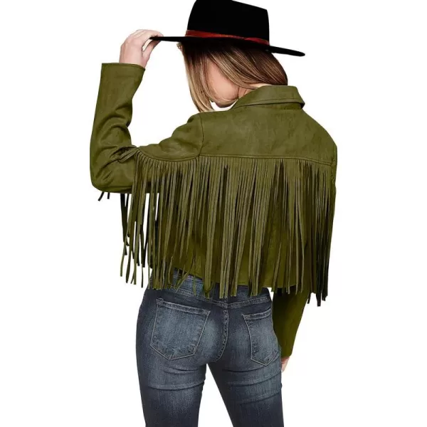 imagePRETTYGARDEN Womens Fringe Faux Suede Leather Jackets 2023 Fashion Tassel Motorcycle Cropped CoatsDark Army Green